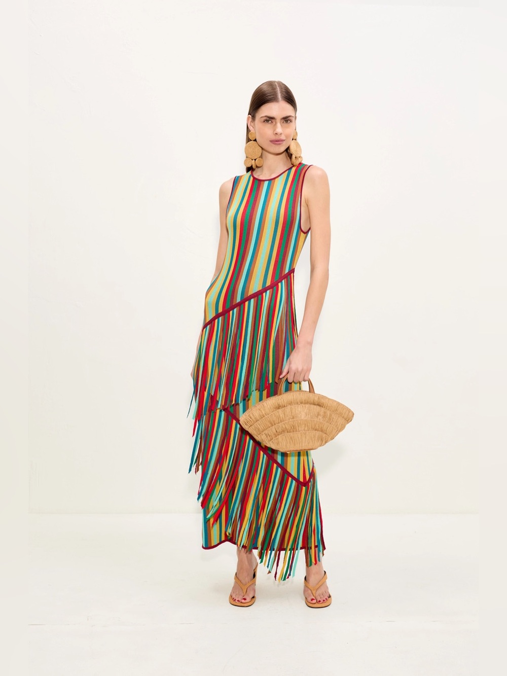 Simon Miller Spiral Knit Maxi Dress Fringe Rainbow Sleeveless Small